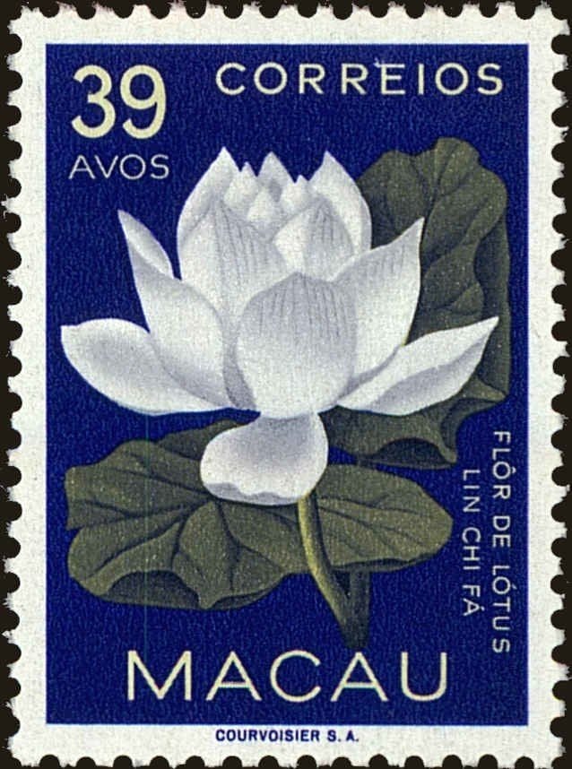 Macau postage stamp showing a white lotus flower